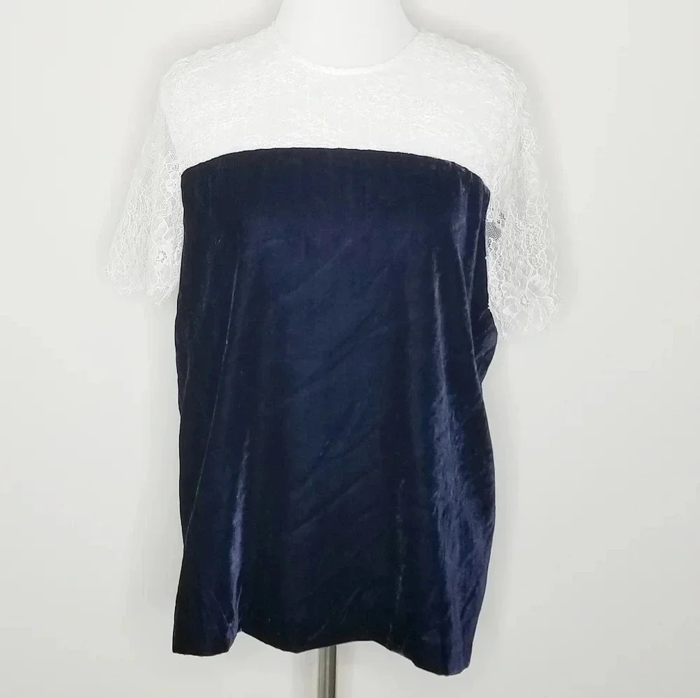 New Sandro Blue Velvet White Lace Short Sleeve Top M